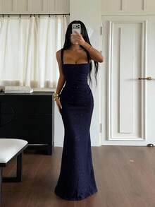 夏季女款優雅洋裝，收腰輕奢晚宴禮服，適合海灘、約會、節慶、婚禮、度假、晚餐 - 藏蓝色 - 查看 3