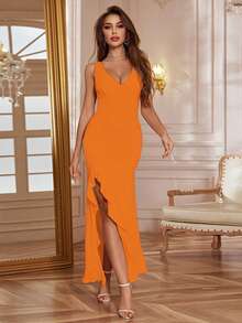 Long Strappy Dress, European And American Style, 2026 Spring-Summer, Sexy V-Neck With Ruffles And Side Slit, Fitted Cut - Orange - View 3