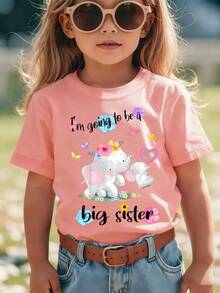Girls' Short-Sleeved T-Shirt, Summer Style, With "I'm Going To Be A Big Sister" Print And Two Cute Cartoon Elephants, Casual And Versatile Top NY-DX9297 - 軍綠色 - 查看 1