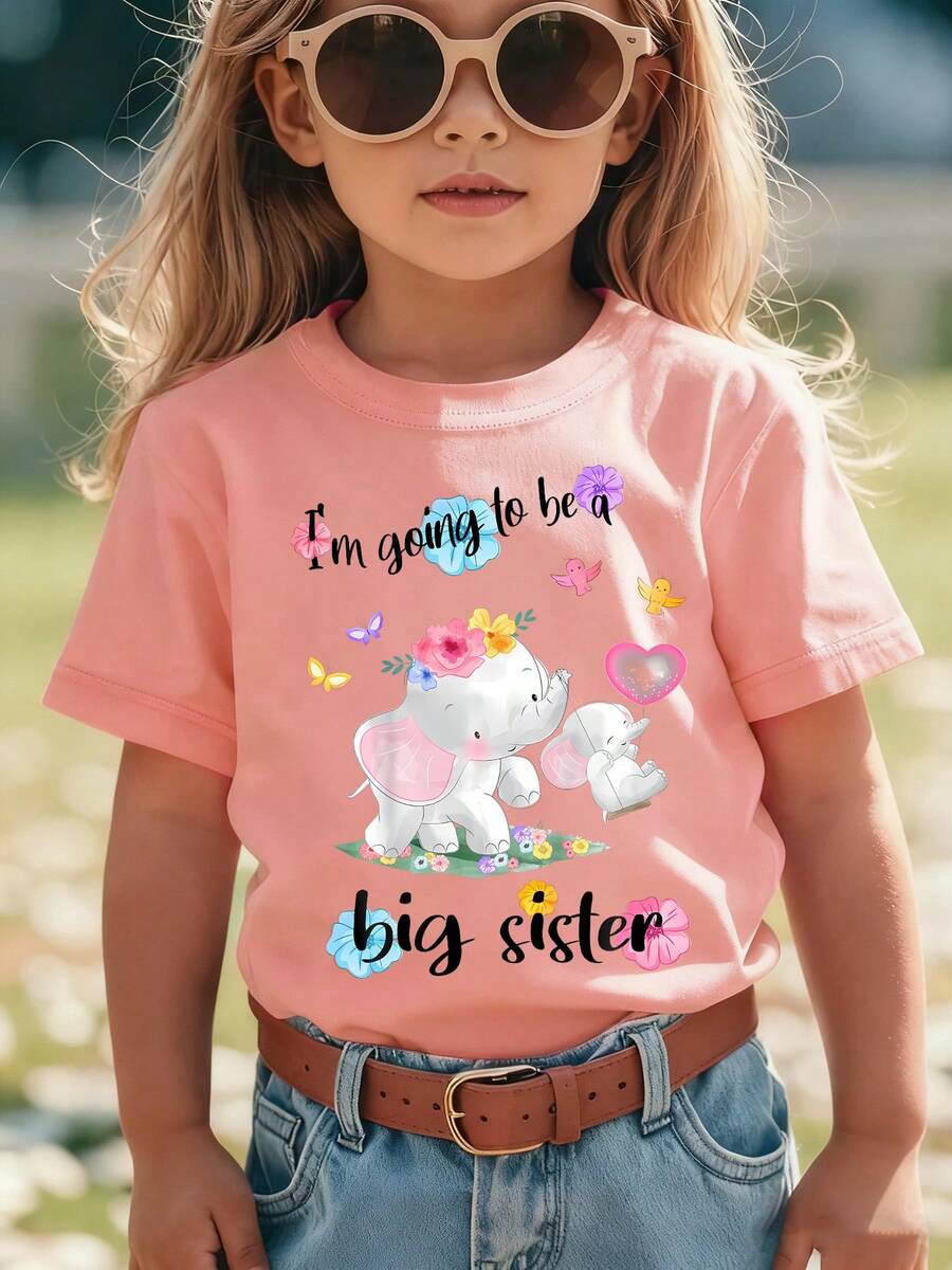 Girls' Short-Sleeved T-Shirt, Summer Style, With "I'm Going To Be A Big Sister" Print And Two Cute Cartoon Elephants, Casual And Versatile Top NY-DX9297 - 軍綠色 - 查看 1