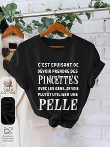 Camiseta casual de manga corta y cuello redondo con diseño gráfico, perfecta para primavera y verano, diseñada para mujer - Negro - Ver 1
