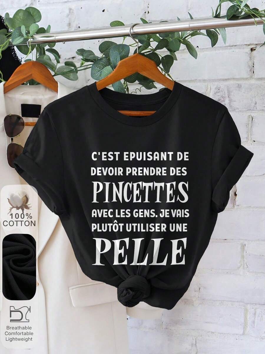 Camiseta casual de manga corta y cuello redondo con diseño gráfico, perfecta para primavera y verano, diseñada para mujer - Negro - Ver 1