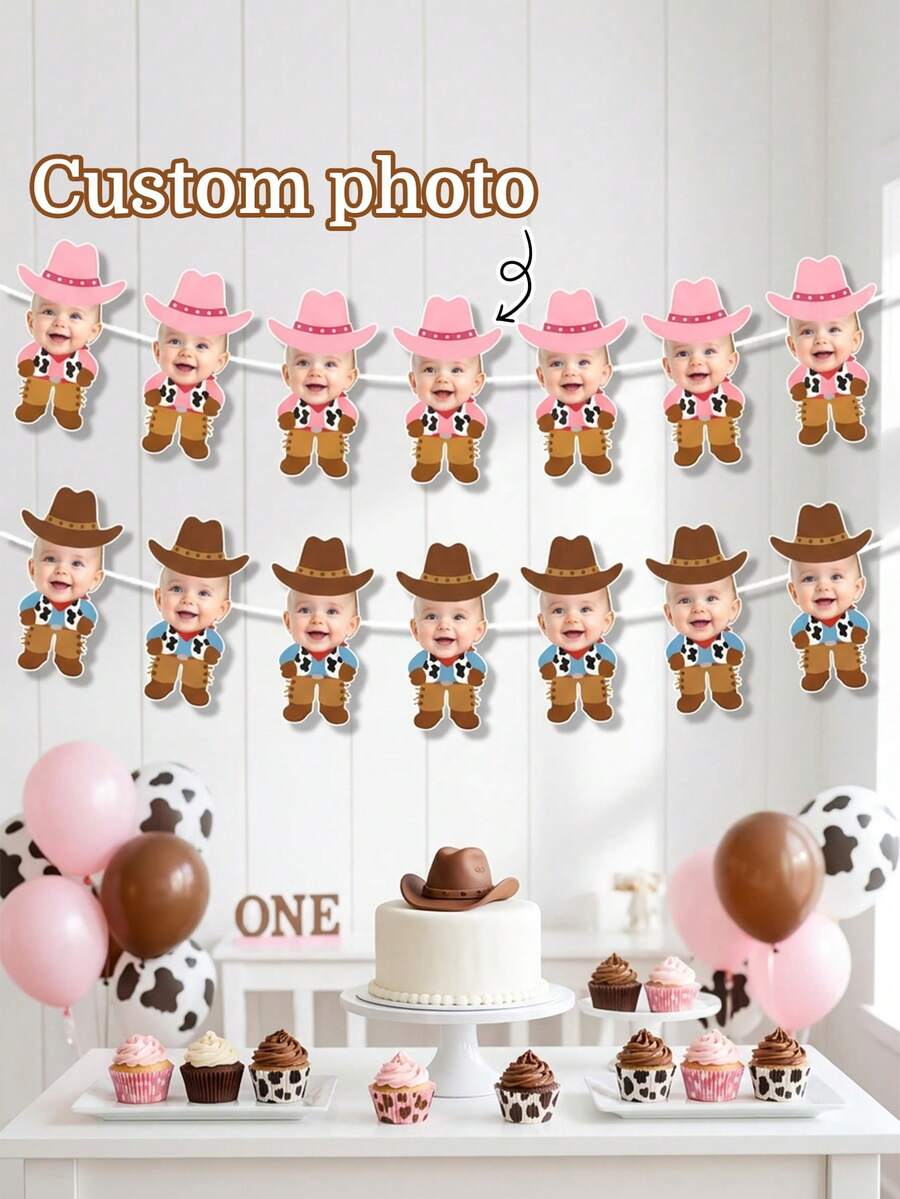 Custom Baby Photo Cowboy Cowgirl Garland Banner,Western Cow Rodeo Bunting,My First Rodeo/First Birthday/Baby Shower Party Decor Banner,Wild West Decor - Multicolor - View 1