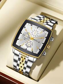 Reloj de pulsera de cuarzo con esfera cuadrada de tres ojos y calendario, estilo clásico de moda para hombre, estilo elegante (1 pieza/set), caja de reloj no incluida - Blanco - Ver 8