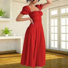 European And American Women's Fashion 2023, New Style, Fresh Floral Print Strappy Dress, Slim Fit And Side Slit For Women, Summer And Autumn - 紅色 - 查看 1