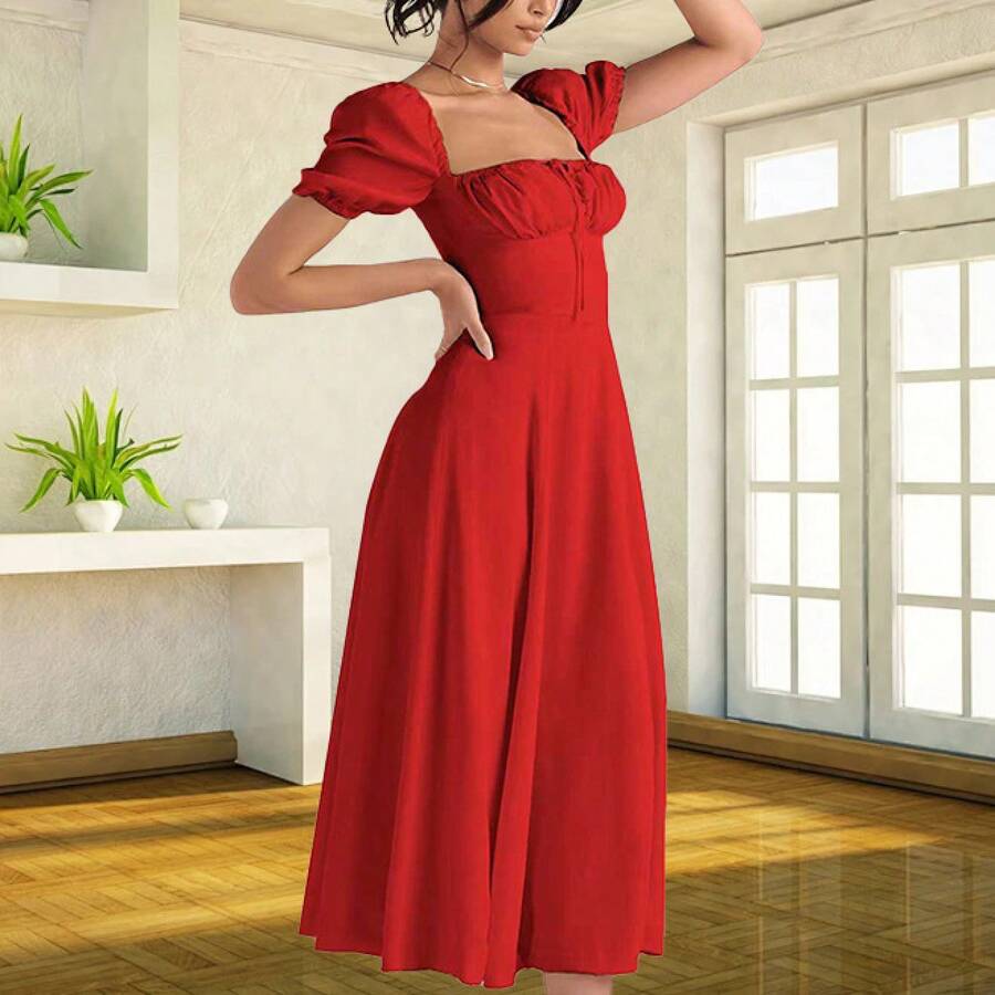 European And American Women's Fashion 2023, New Style, Fresh Floral Print Strappy Dress, Slim Fit And Side Slit For Women, Summer And Autumn - 紅色 - 查看 1