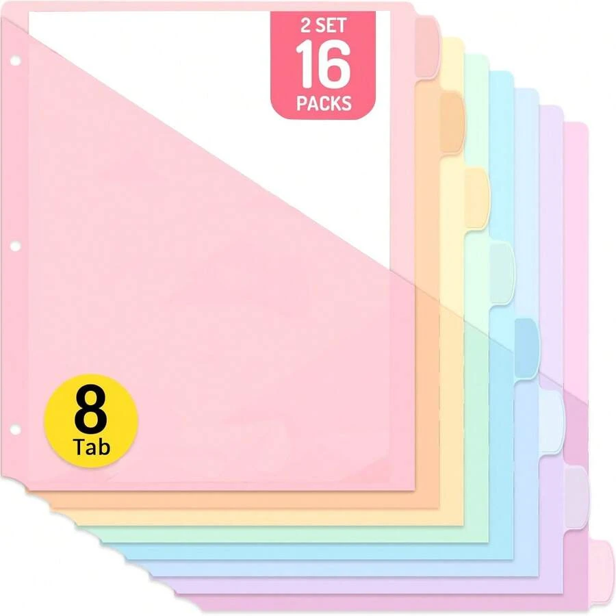 6/8/12pcs Durable Multi-Color Plastic Binder Dividers Set With Labels, 3-Hole Punched Letter Size Page Dividers For Office And Organization, Assorted Colors, 8-Piece Polypropylene Divider Set With Pockets, 3-Ring Binder Labels, Themed Divider With Pockets, Premium Notebook Inserts, Vibrant Multi-Color - Multicolor - View 1