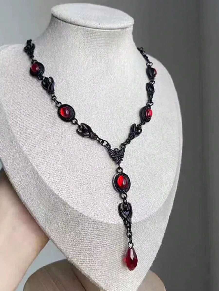 1pc Gothic Punk Deep Red Bat Water Drop Pendant Necklace Women's Halloween Jewelry New Accessory - Black and Red - View 1