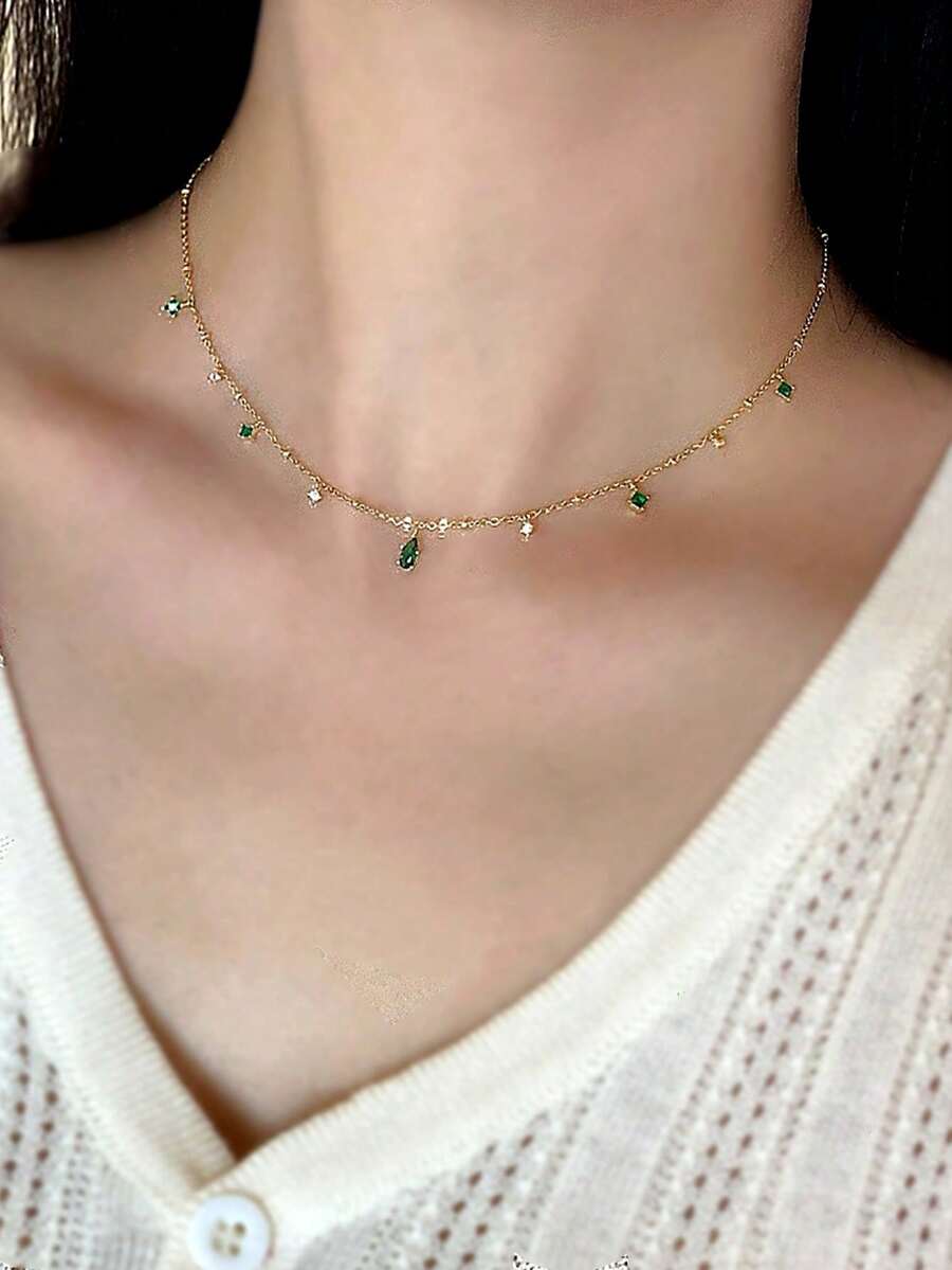 Collar con Aspecto de Diamante Brillante, Accesorio Diario Premium - Amarillo Oro - Ver 1