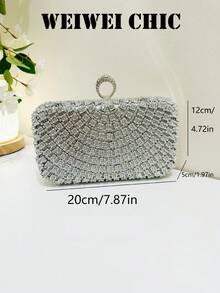Bolso de noche elegante con pedrería, diseño de hebilla en forma de anillo, correa de cadena plateada desmontable, bolso de fiesta formal brillante, esencial para bodas y bailes de primavera/verano, perfecto para banquetes, fiestas de boda, cenas de cumpleaños y eventos nocturnos - Plateado - Ver 5