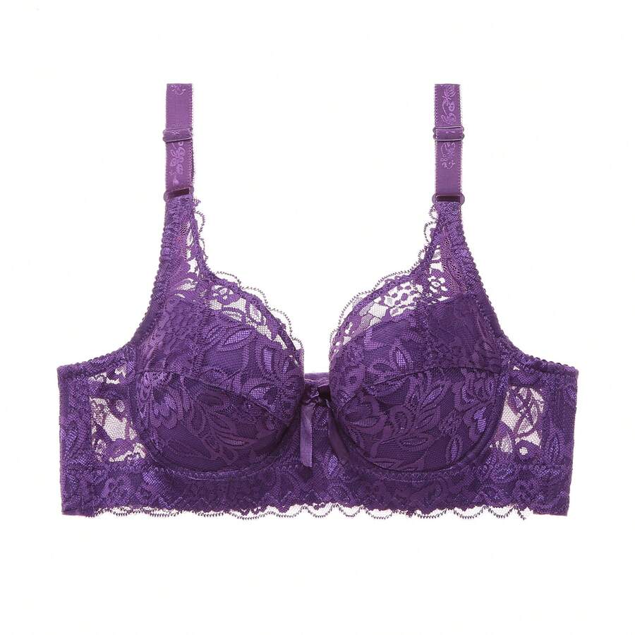 Plus Size Bra, Fine Cotton, Lace, Underwire, Push-Up, Adjustable, Side Support, Women's - Purple - View 1