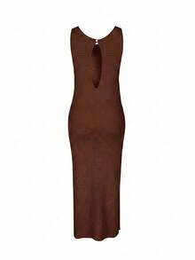 Women's Summer 2026 New Bohemian Sexy Hollow Out Casual Sheer Sleeveless Slim Fit Flattering Backless Design Long Dress Vacation Beach - Chocolate Brown - View 8