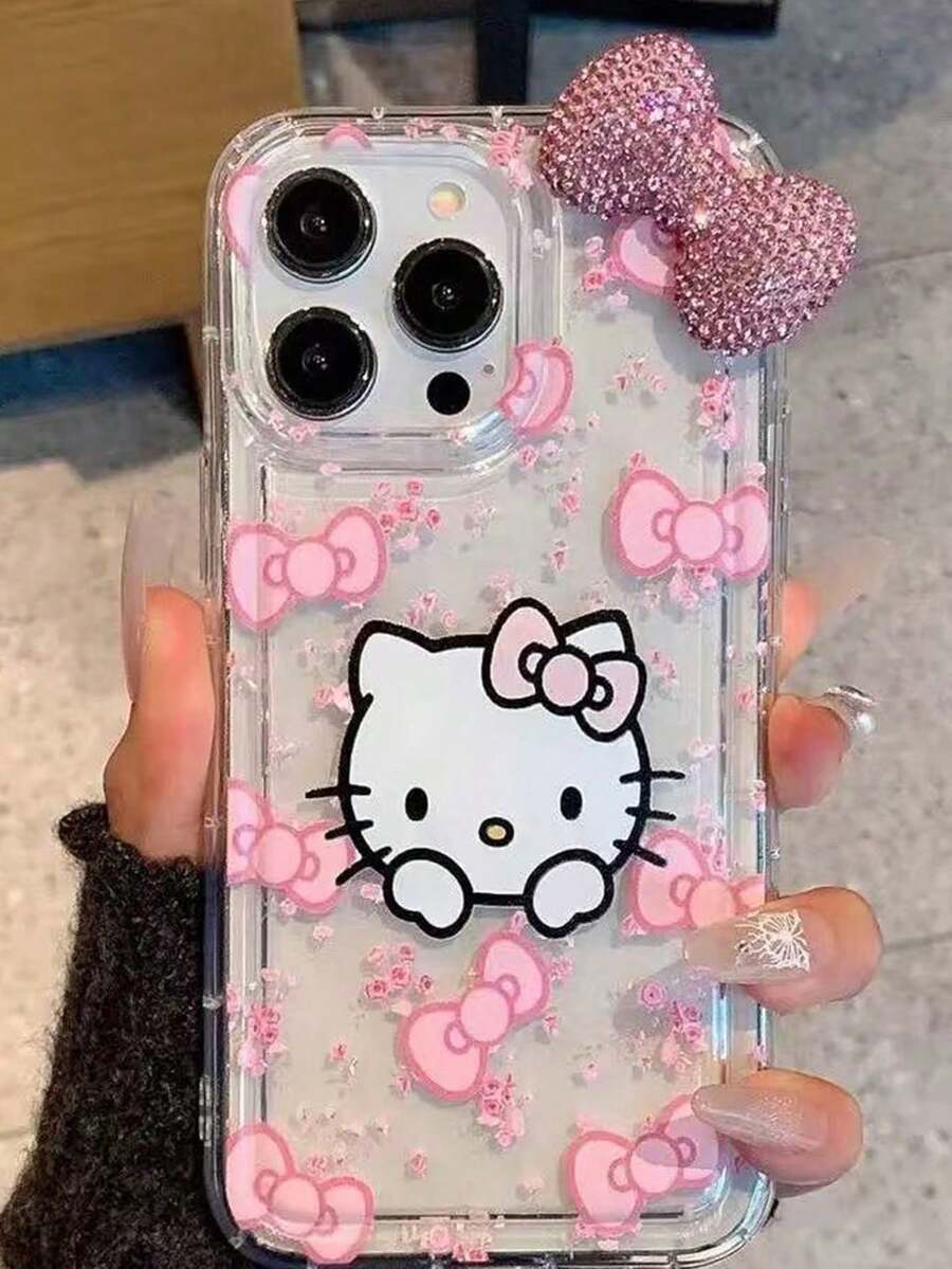 SANRIO 1件透明氣囊歐式粉色3D蝴蝶結KT蘋果手機殼,適用11-17pm - 粉色 - 查看 1