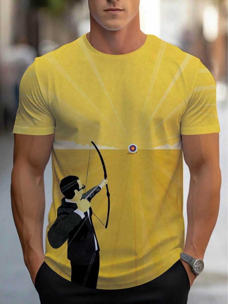 Sophisticated And Premium Men's T-Shirt: Short-Sleeved Archery-Themed T-Shirt For Casual Events - Modern, Cozy, And Eye-Catching Graphic Tee With A Sporty Cut, Ideal For Everyday Wear - 黑色 - 查看 1