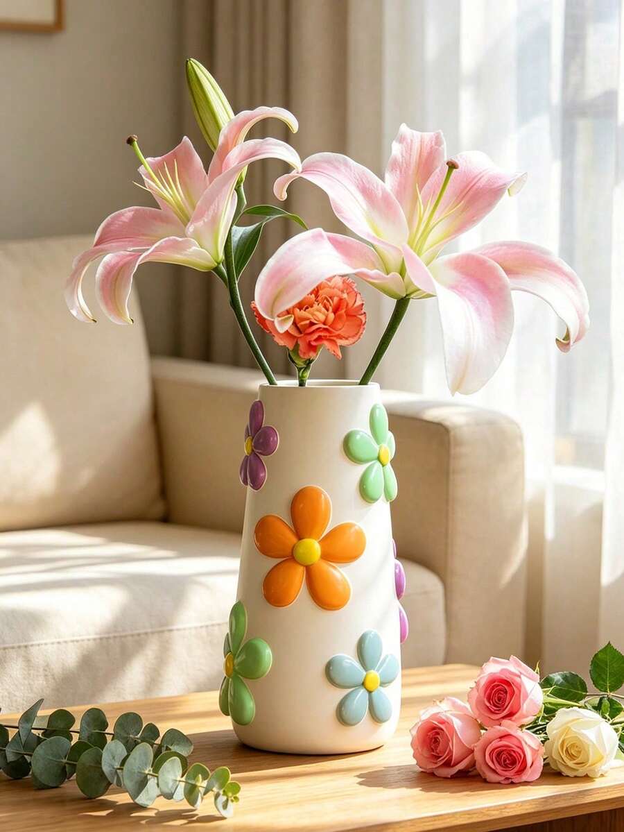 Pastel Flower Resin Vase, Colorful Floral Bud Vase, Cute Decorative Flower Vase For Pampas Grass, Dried Flowers & Small Plants, Aesthetic Home Decor, Boho Room Decor, Shelf Decor, Table Centerpiece, Living Room, Bedroom, Housewarming Gift - 1PC - View 1