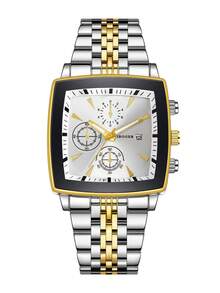 Reloj de pulsera de cuarzo con esfera cuadrada de tres ojos y calendario, estilo clásico de moda para hombre, estilo elegante (1 pieza/set), caja de reloj no incluida - Blanco - Ver 7