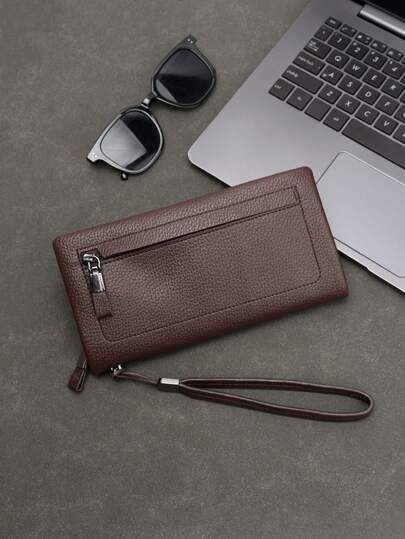 HOVI'S Men's Black Litchi Grain Faux Leather Clutch Bag - Detachable Wrist Strap, 8 Card Slots, Dual Cash Compartments, Fits Phone