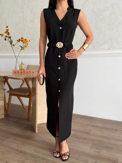 Robe longue sans manches noire MUI pour femmes - col en V, détails de boutons, ceinture, robe de soirée élégante