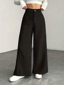 Women's High Waist Wide Leg Trousers - Corduroy Texture, Casual Pants, Comfortable For All Seasons, Machine Washable - Hitam - View 3