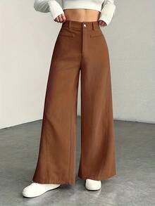 Pantalones de Mujer de Cintura Alta y Pierna Ancha - Textura de Pana, Pantalones Casuales, Cómodos para Todas las Estaciones, Lavables a Máquina - [Cafetería] - Ver 1
