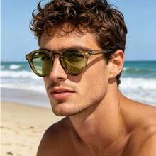 1pc Unisex Retro Round Small Frame Minimalist Fashion Glasses, Suitable For Travel, Holidays, Beach And Daily Wear - Green Frame Green Film - View 2