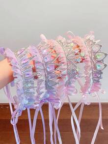 1/2/3/4PCS Blue Pearl Crown Headband, Ice & Snow Fairy Tale Girl Hair Accessory, Sweet Princess Headpiece With Tassel Ribbon And Mesh - Multicolor - View 11