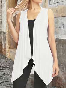 Plus Size Long Cardigan, Shawl Style, Modern, Elegant, Solid Color, Lightweight, Sleeveless, Open Front. - White - View 3
