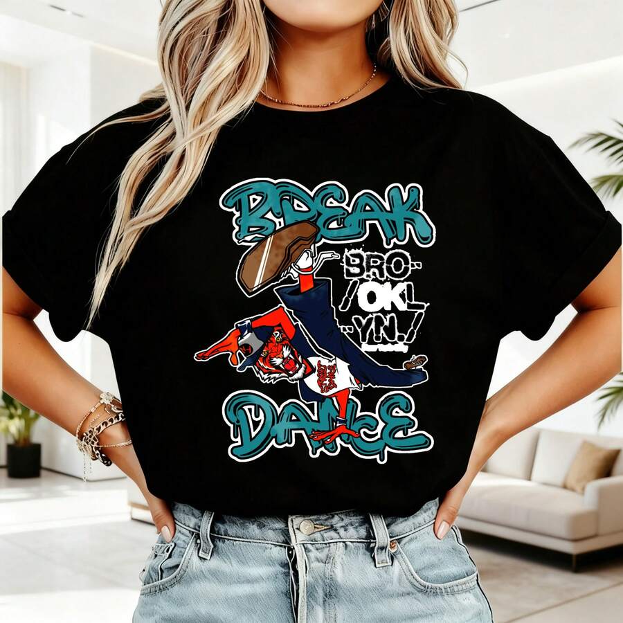Diseño de pato animado con texto Break Brooklyn Dance, Camiseta gráfica, manga corta y cuello redondo para mujeres, estilo urbano y divertido, ideal para uso diario y temporada cálida. - Negro - Ver 1