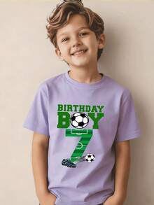 Boy's Number 7 Birthday Party T-Shirt, Featuring A "Birthday Boy" Print In Green Lettering, A Casual Short-Sleeved Sporty Style With Stadium Numbers And A Soccer Ball Design. - 紫色 - 查看 1