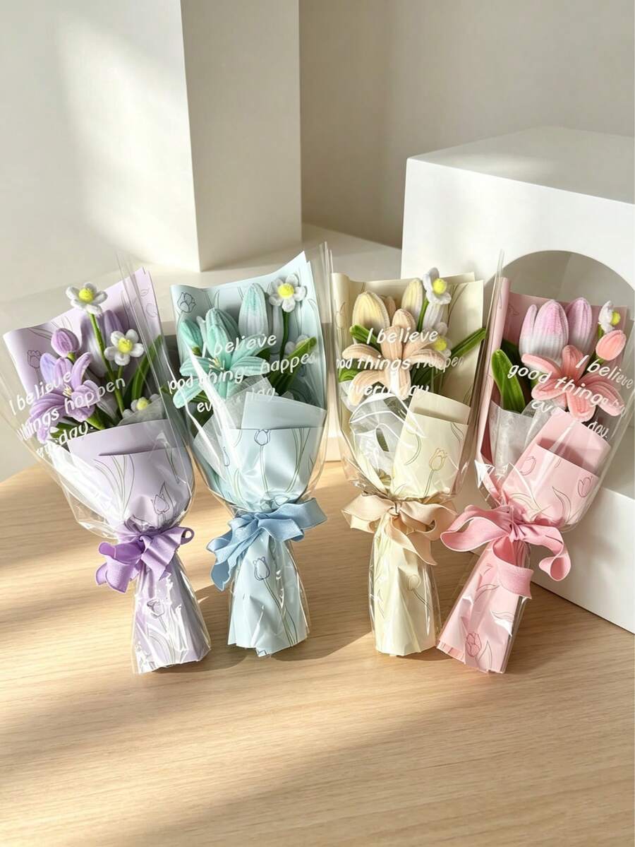 手工毛絨鬱金香與百合花束,馬卡龍色迷你包裝花禮,韓系美學攝影道具,生日與情人節禮物 - 彩色 - 查看 1