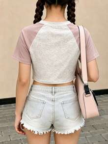 Mädchen Sommer Kurzarm T-Shirt, figurbetontes T-Shirt, Baumwoll-Strickstoff, modischer Streetstyle, süß, süße Cartoon-Donut-Getränk-Drucke - Hautpuder - Übersicht 4
