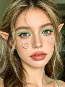 Silver Heart-Shaped Round 3D Glitter Face Gems, Y2K Self-Adhesive Rhinestones, DIY Concert Disco Party Shiny Face Decoration - Silver - View 3