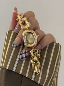 Reloj de cuarzo para mujer con esfera asimétrica y correa estilo brazalete – Diseño artístico exquisito adecuado para uso diario, regalos y eventos formales. - Dorado - Ver 2