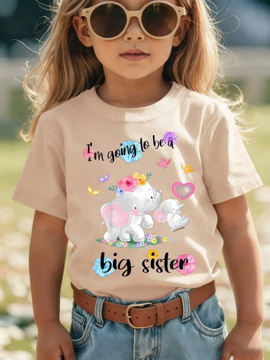 Girls' Short-Sleeved T-Shirt, Summer Style, With "I'm Going To Be A Big Sister" Print And Two Cute Cartoon Elephants, Casual And Versatile Top NY-DX9297 - 卡其色 - 查看 1