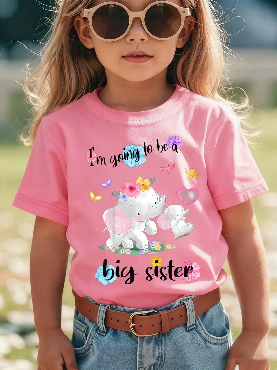 Girls' Short-Sleeved T-Shirt, Summer Style, With "I'm Going To Be A Big Sister" Print And Two Cute Cartoon Elephants, Casual And Versatile Top NY-DX9297 - 粉色 - 查看 1