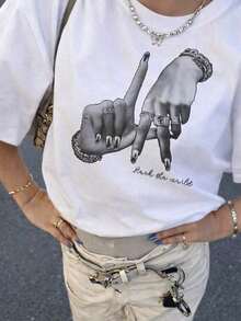 Soft Cotton Summer T-Shirt; Elegant Plus Size Blouses For Women; Unisex Clothing; Y2K Women's Short Sleeve Cotton T-Shirt With Hand Gesture Print, Round Neck, Re-Cut - 白色的 - 查看 1