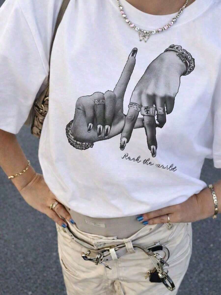 Soft Cotton Summer T-Shirt; Elegant Plus Size Blouses For Women; Unisex Clothing; Y2K Women's Short Sleeve Cotton T-Shirt With Hand Gesture Print, Round Neck, Re-Cut - 白色的 - 查看 1