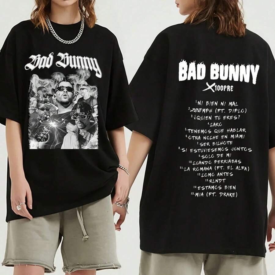 Camiseta de Rapper BadS BunnyS con Estampado Gráfico de Álbum Musical, Camiseta de Moda Hip Hop Casual de Talla Grande para Hombres y Mujeres - Negro - Ver 1
