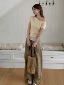 Women's 2-In-1 Asymmetric Shoulder Short Sleeve T-Shirt, Summer New Lace Patchwork Hem Slim Fit Top Yellow - Yellow - View 5