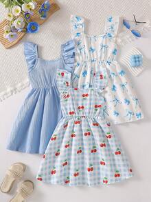 Conjunto de 3 vestidos casuales de verano para niñas jóvenes, con mangas volantes, estampado de cuadros de cereza y moño, adecuado para vacaciones, playa, actividades al aire libre y uso diario - Multicolor - Ver 1