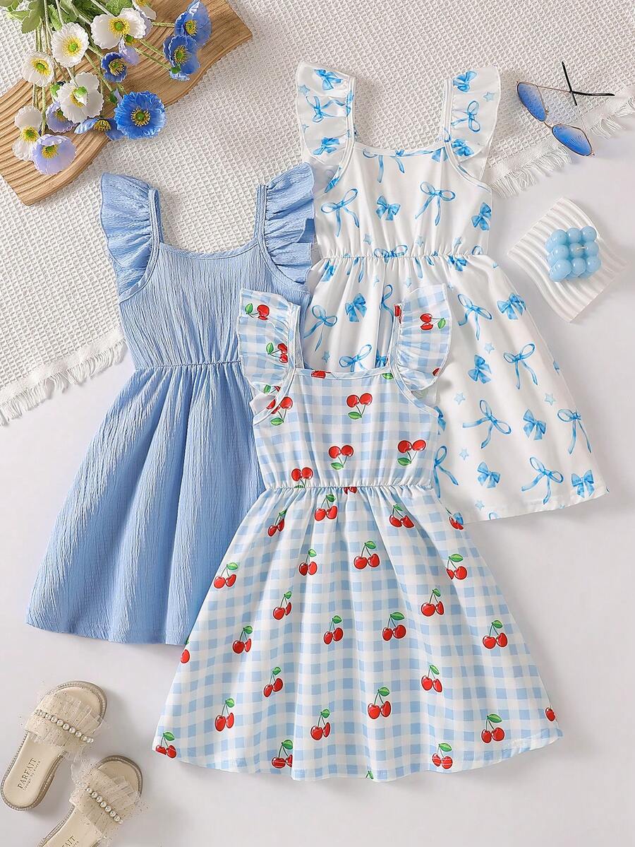 Conjunto de 3 vestidos casuales de verano para niñas jóvenes, con mangas volantes, estampado de cuadros de cereza y moño, adecuado para vacaciones, playa, actividades al aire libre y uso diario - Multicolor - Ver 1