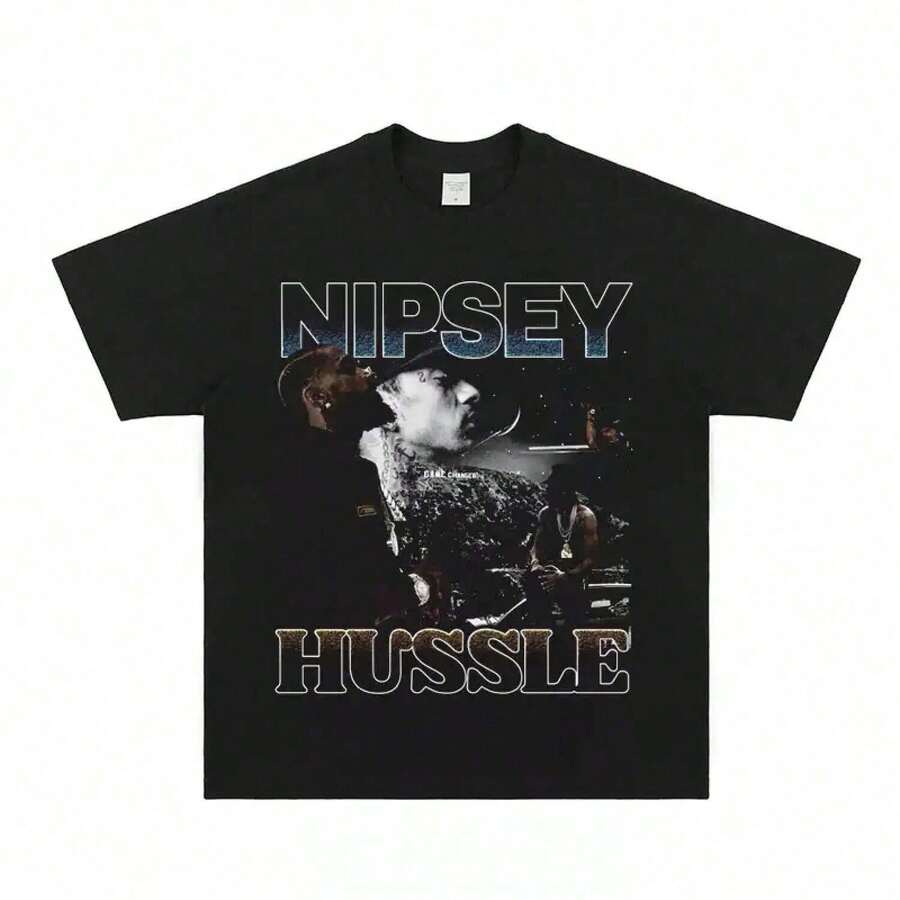 Camiseta de manga corta estilo americano en honor al rapero Nipsey Hussle, conjuntos de vacaciones para mujer, camisas de vacaciones para hombre, conjuntos de verano para hombre, ropa de hom - Negro - Ver 1