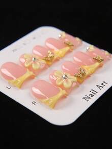 10pcs Short Square Cute Summer Press-On Nails, Nude Pink And Yellow French Manicure, 3D Flower And Butterfly Rhinestone Decor, Handmade Acrylic Fake Nails For Women And Girls Daily, Party, Date Wear And Gift - Yellow - View 3