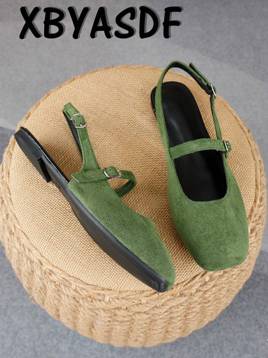 XBYASDF Scarpe basse da donna con punta quadrata, mocassini  verde senza tallone con cinturino singolo e fibbia, eleganti e comode - Verde militare - Visualizzare 1