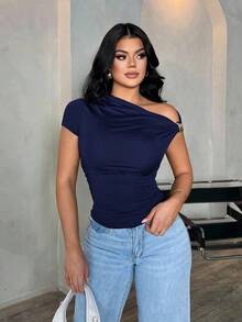 Blusa casual y versátil de mujer, elegante y sexy, de hombro frío asimétrico en color marrón, blusa de un solo hombro en color azul oscuro - Marrón - Ver 13