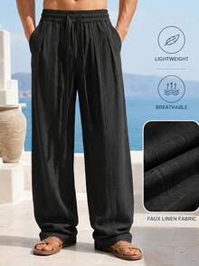 1pc Men's Black Faux Linen Texture Straight Leg Pants, Loose Drape Fit, Breathable Lightweight Fabric, Comfortable Anti-Pilling, Vacation Style, Suitable For Summer Beach Relaxed Casual Long Pants - Black - View 2