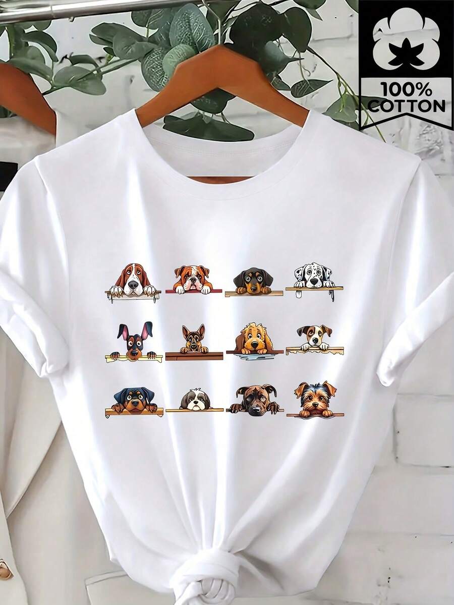 GiftGiftCamia Casual de Manga Corta para Mujer - Cuello Redondo Suave con Estampado Divertido de Razas de Perros, , Lavable a Máquina, Moda Primavera-Verano, Camias Lindas, Estilo Fines de - Blanco - Ver 1