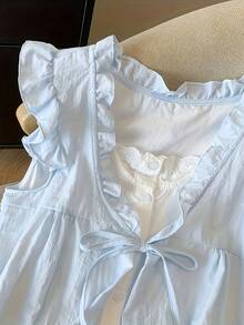 Elegante conjunto de dos piezas de imitación de camisa, vestido babydoll plisado, juvenil y holgado para mujer. - Azul - Ver 5
