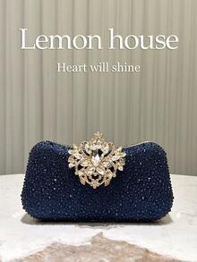 1 pieza de bolso de noche elegante de lujo con pedrería y brillo azul marino, bolso de mano de moda con cierre de pedrería, adecuado para banquetes, fiestas, bodas, galas, regalo ideal para - Plata 2 - Ver 1