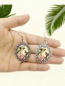 2pcs/Set Hummingbird Earrings, Floral Earrings, Natural Garden Style Oval Bird Earrings - Silver - View 2
